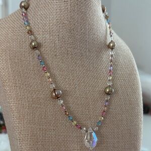 ALL THE SPARKLE Gem confetti  Beaded Necklace with Crystal Pendant 7”